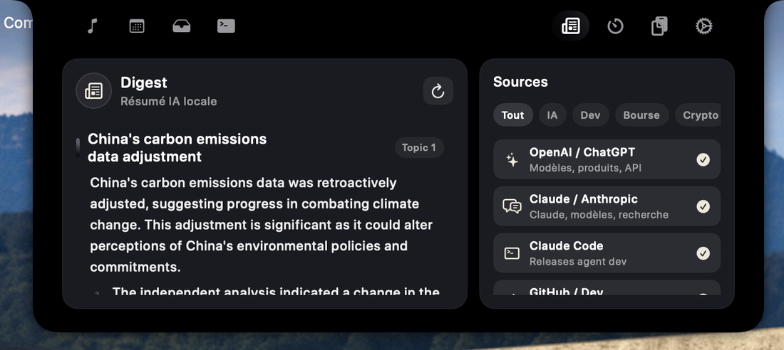 L'onglet Digest affichant un résumé d'actualité généré en local par Apple Intelligence.