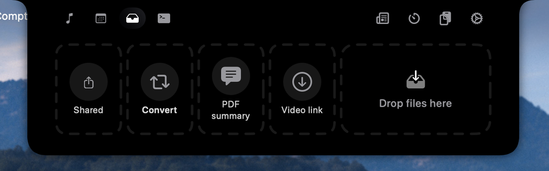 L'onglet Étagère avec ses zones de dépôt : conversion, résumé de PDF et téléchargement de vidéo.
